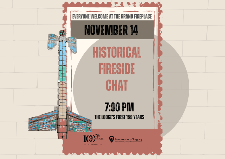 Vintage-style Historical Fireside Chat graphic with fireplace artwork and centennial logos.