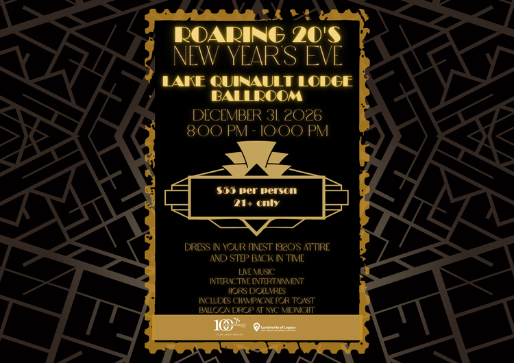 Roaring 20s New Year’s Eve poster for Lake Quinault Lodge Ballroom featuring a black-and-gold Art Deco design with event details for December 31, 2026.