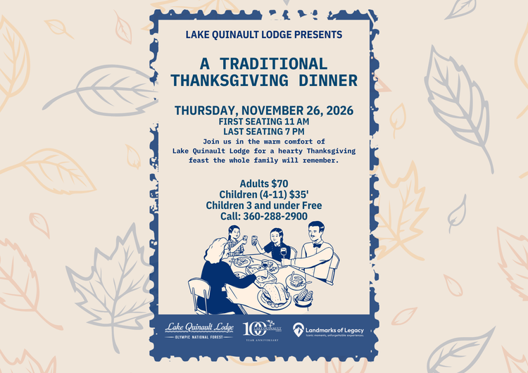 Traditional Thanksgiving Dinner flyer featuring a cream background, autumn leaves, vintage border, family feast illustration, event details, pricing, and lodge logos.