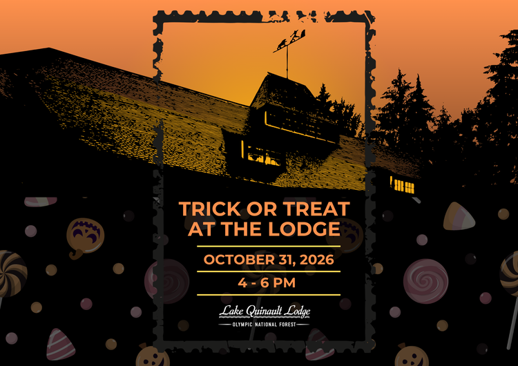Halloween at the Lodge Trick-or-Treat event flyer featuring Lake Quinault Lodge silhouetted against an orange sky with evergreen trees in the background.